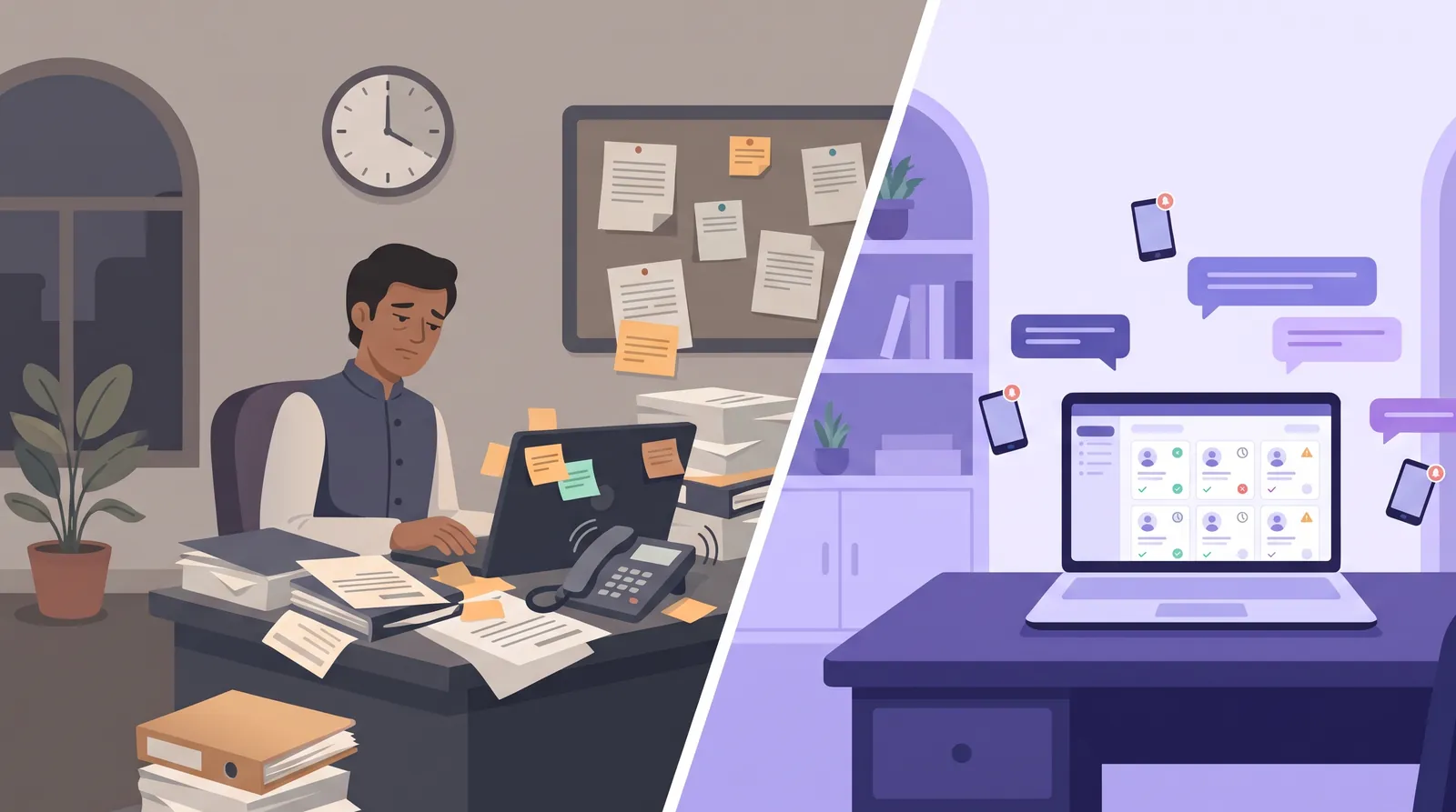 Admissions follow-up automation: an officer buried in files and phone calls on one side, and automated eligibility-based reminders going out to applicants' phones on the other