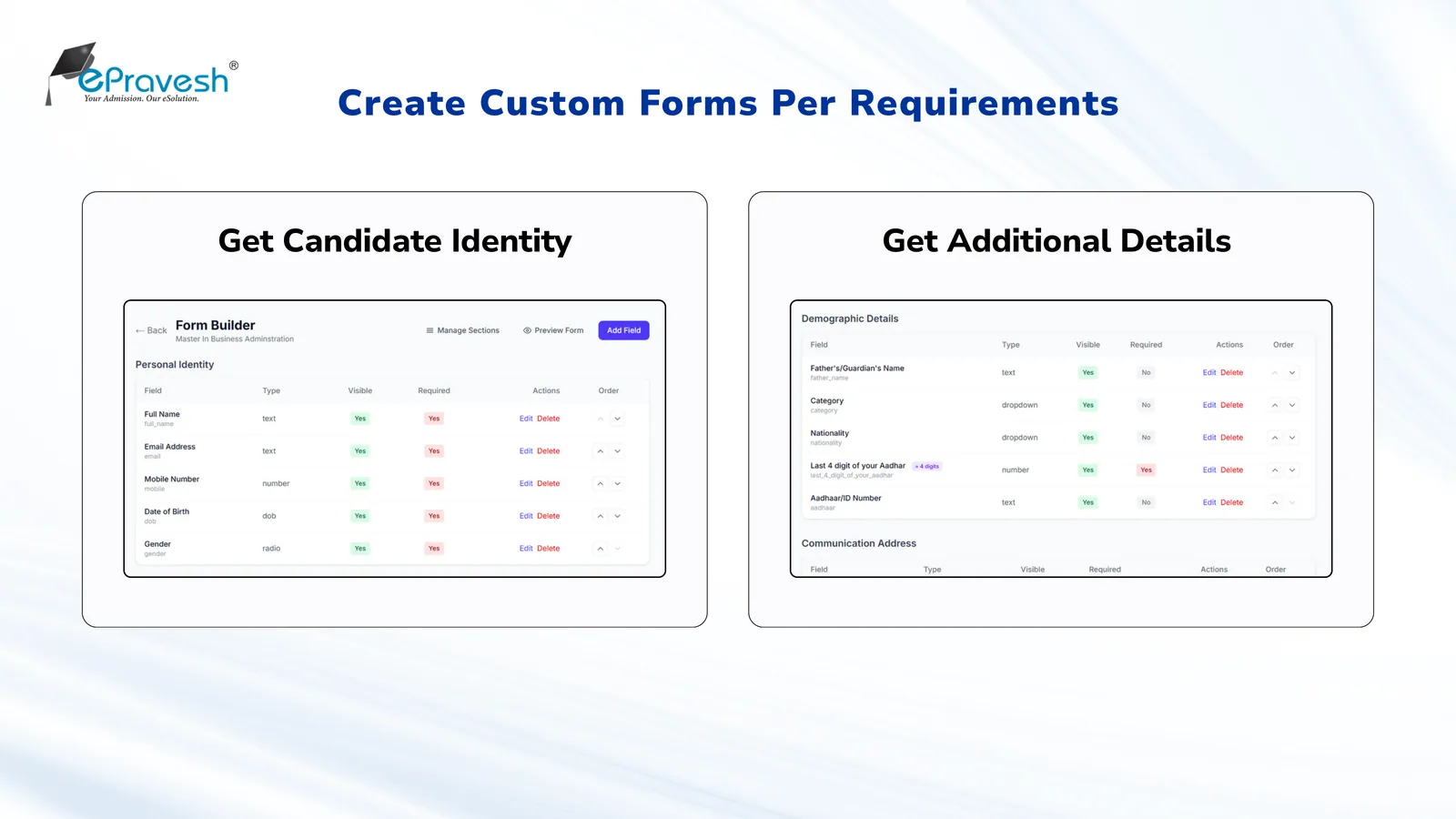 No-code admission form builder — configure candidate identity fields and additional demographic details per course