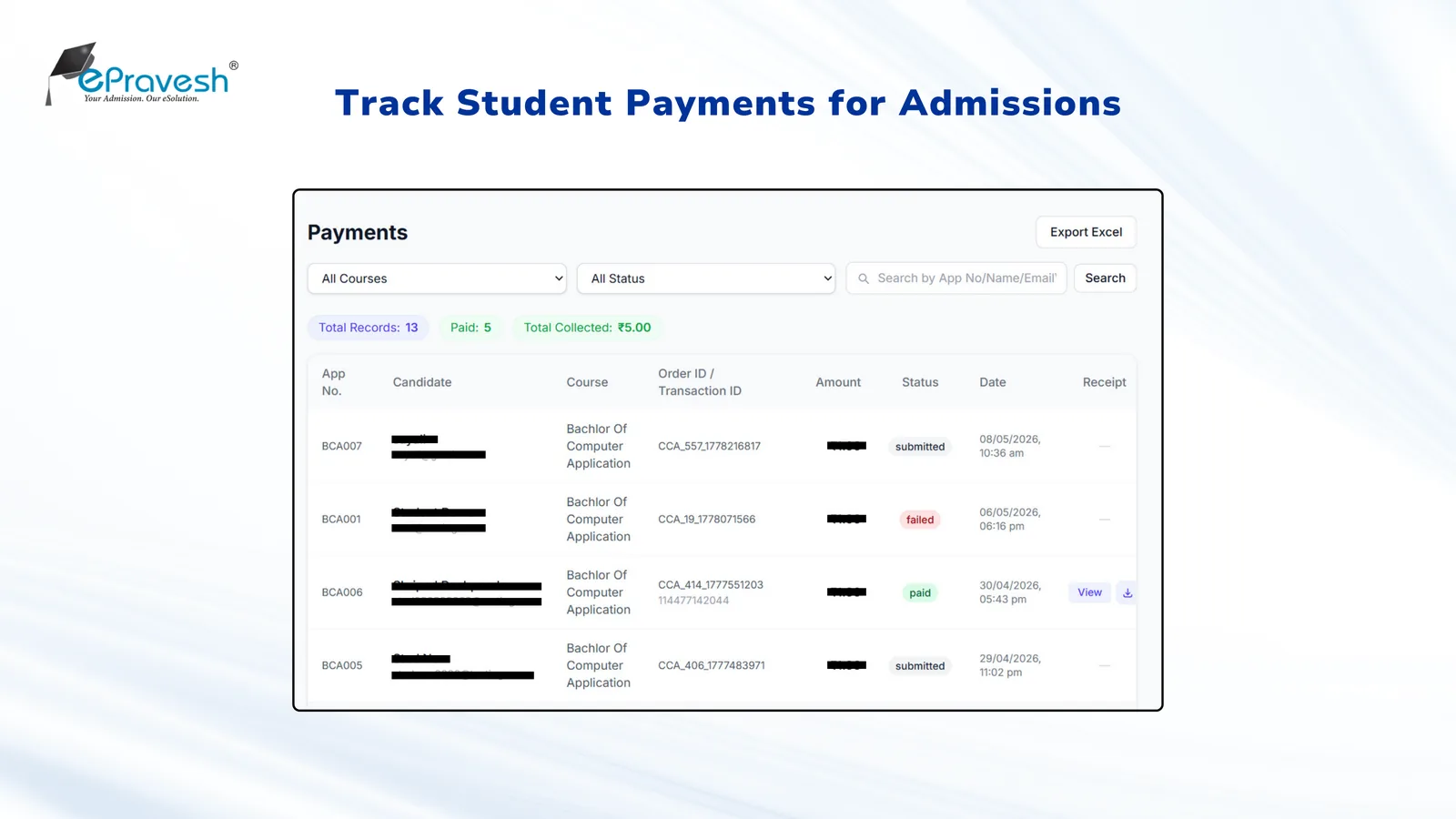 Payment tracking dashboard for admissions — filter by course and status, search candidates and export payments to Excel