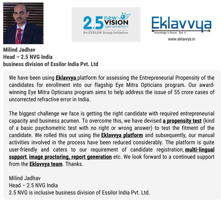 Essilor Feedback about conducting personality and psychometric tests using online assessment platform eklavvya