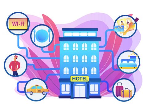 Luxurious inn, accommodation booking. Free wifi, room cleaning. Hospitality management, hotels business processes, hotel management system concept. Bright vibrant violet vector isolated illustration